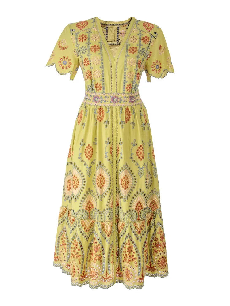 Voguable  Summer Vocation V neck Embroidery Hollow Out Hole Flower Midi Dress Woman Short Flare Sleeve Swing Beach Holiday Robe voguable