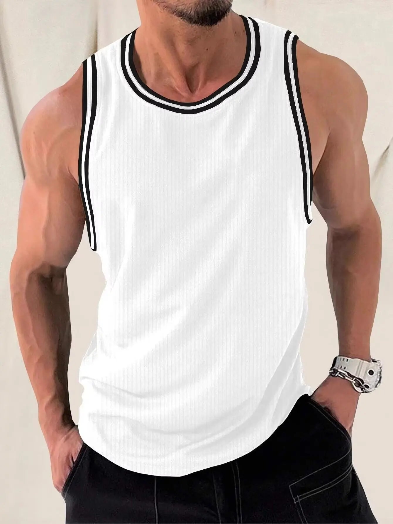 Voguable  Ice Silk Muscle Vest Elastic Ribbed Texture Sporty Sleeveless T-Shirt for Young Men Summer Season Regular Thickness round Neck voguable