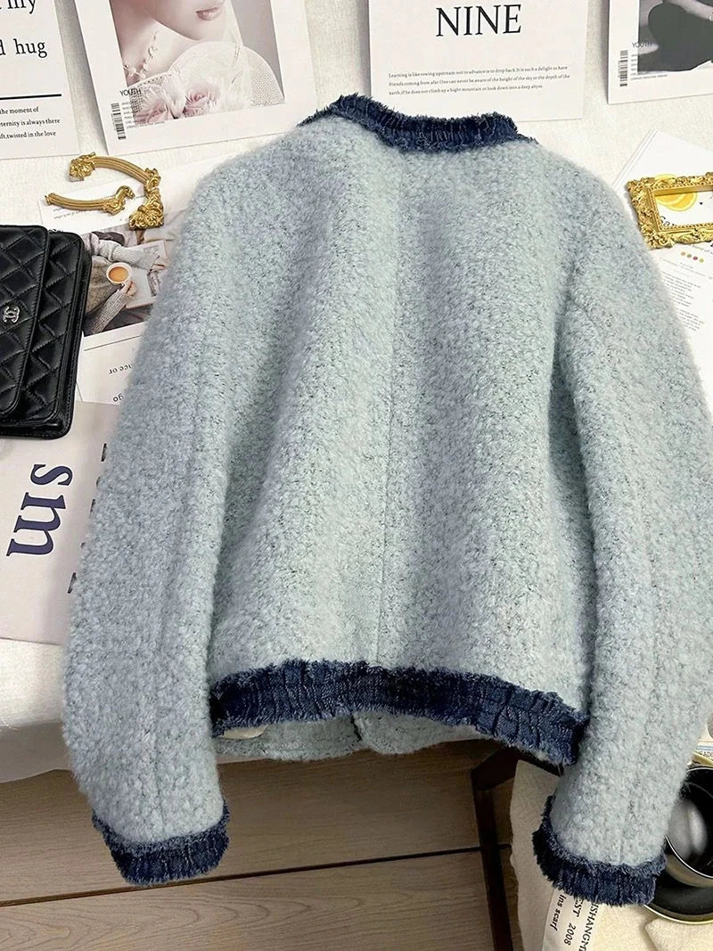Sweet Thick Warm Tweed Jacket Women O Neck Long Sleeve Winter Cotton Coat Elegant Fashion Patchwork Korean Chic Outwear Top voguable
