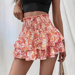 Voguable  Fashion Florals Mini Skirt for Women Summer Casual Waist Shaping Ruffled Hem Short Skirt Woman Drawstring Wide Leg Half Skirts voguable