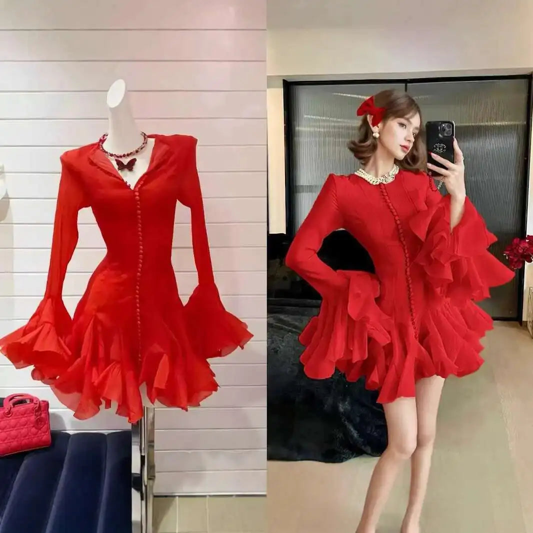 French Niche Women's Dress O Neck Button Flare Long Sleeve Spliced Ruffles Hem Solid Elegant Mini Dress 2025 New voguable