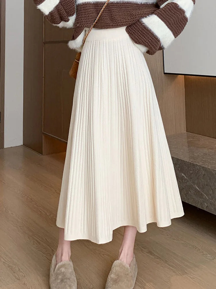 Sweet Vintage Knitted Long Skirts Women Preppy Style High Waist Loose A Line Skirts Fall Winter Retro Simple Elegant Long Skirts voguable