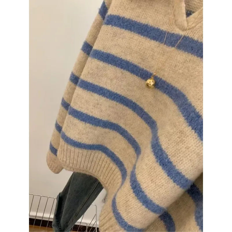 Voguable  Lapel Blue Striped Autumn Winter Sweater Long-sleeved Sweater Pullover Top Layered Versatile Short Style voguable