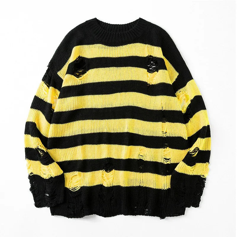 Black Stripe Sweaters Destroyed Ripped Sweater Men Pullover Hole Knit Jumpers Men Oversized Sweatshirt Harajuku Long Sleeve Tops voguable