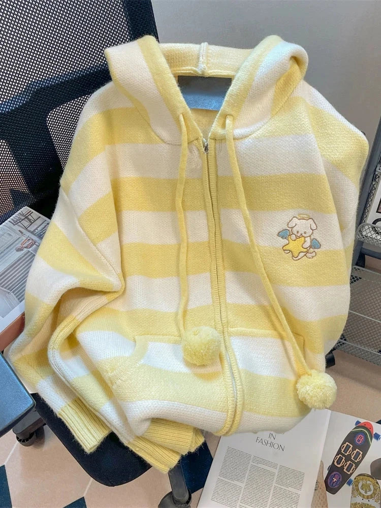 Cartoon Striped Hooded Cardigan Women Loose Cute Long Sleeve Sweet Knitted Sweater Preppy Style Female Kawaii Vintage Tops voguable