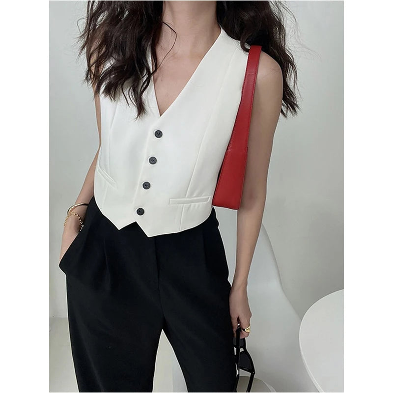 MEXZT Elegant Cropped Blazer Vest Women Vintage Black Suit Waistcoat Jackets Korean White Sleeveless Coat V Neck Outwears Tops voguable