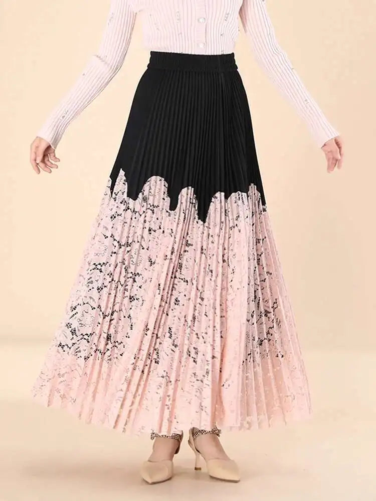 Lace Spliced Printing Pleated Skirts For Women High Waist Loose Causal Colorblock Skirt Female Fashion New Clothes voguable