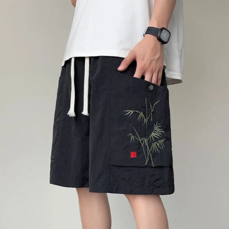 Summer Men Outdoor Casual Athletic Shorts Chinese Embroidery Design Quick Dry Breathable Lightweight Comfort Sports Short Pants voguable