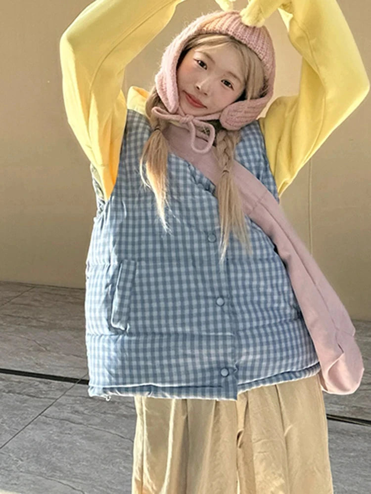Cute Blue Plaid Puffy Vest Women Loose Vintage Sleeveless Warm Thick Winter Sweet Vest Coat Korean Preppy Style Outwear Top voguable