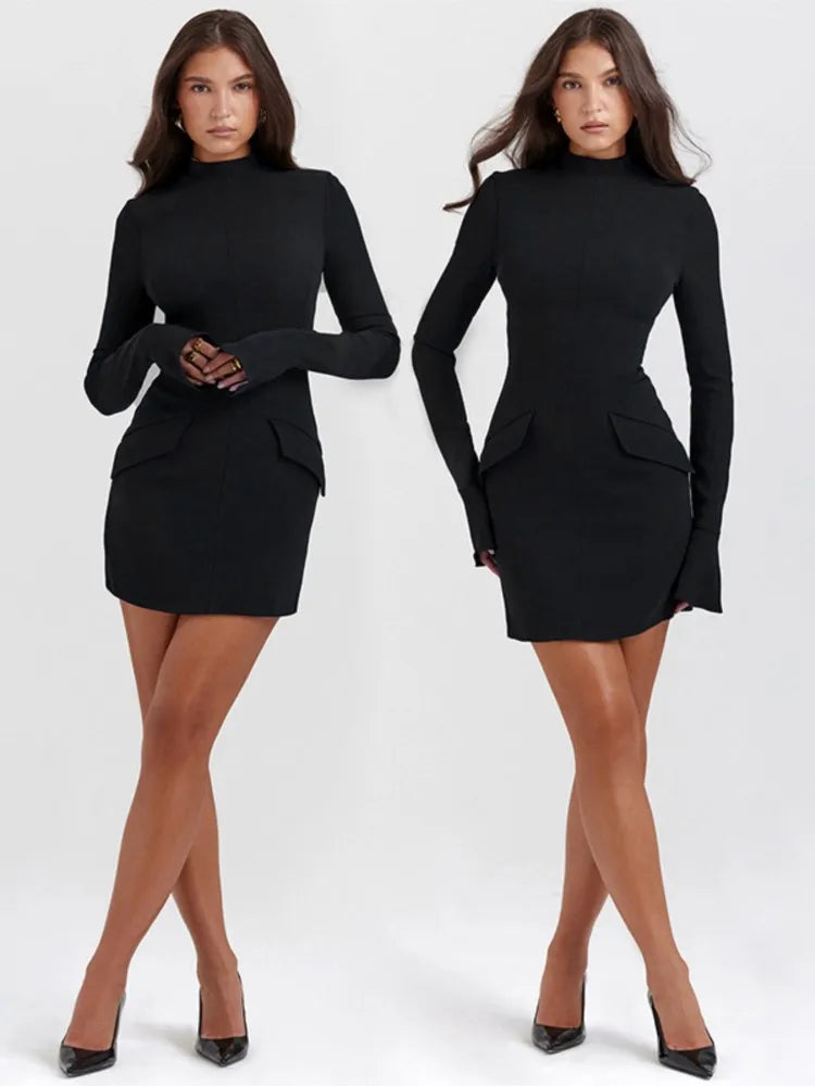 Elegant Dark Blue Solid High Waist Mini Dress Women Fashion Pocket decora Long Sleeve Bodycon Dresses  Chic Party Club Robes voguable