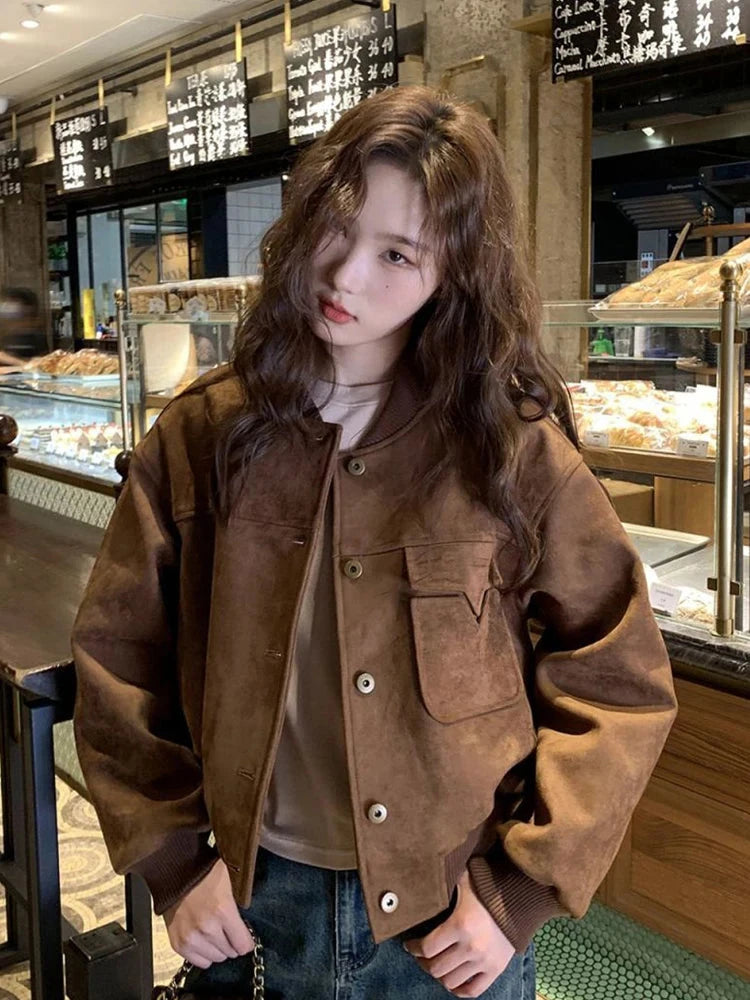 Y2K Retro Baseball Jacket Women Faux Suede Long Sleeve Fall Winter Coat Streetwear Casual American Vintage O Neck Bf Tops voguable