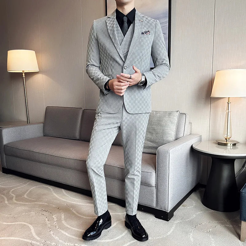 Voguable （Jacket+Vest+Pants）Classic Plaid Korean Slim-fit Men's High-end Banquet Dress Suit Fashion Men Formal Business Social Host Suit voguable