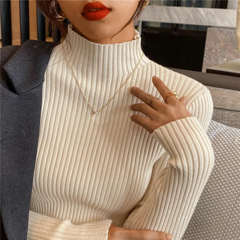Elegant Solid Basic Knitted Tops Women Turtlneck Sweater Long Sleeve Casual Slim Pullover Korean Fashion Simple Chic Clothes voguable