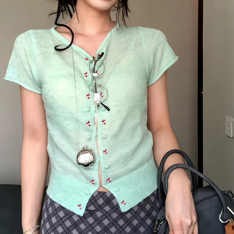 Voguable  Mint Green Sheer Knit Cardigan Women Summer Thin Breathable Short Sleeve Crop Top Woman Y2K Slim Fit Hollow Out Knitted T-Shirt voguable