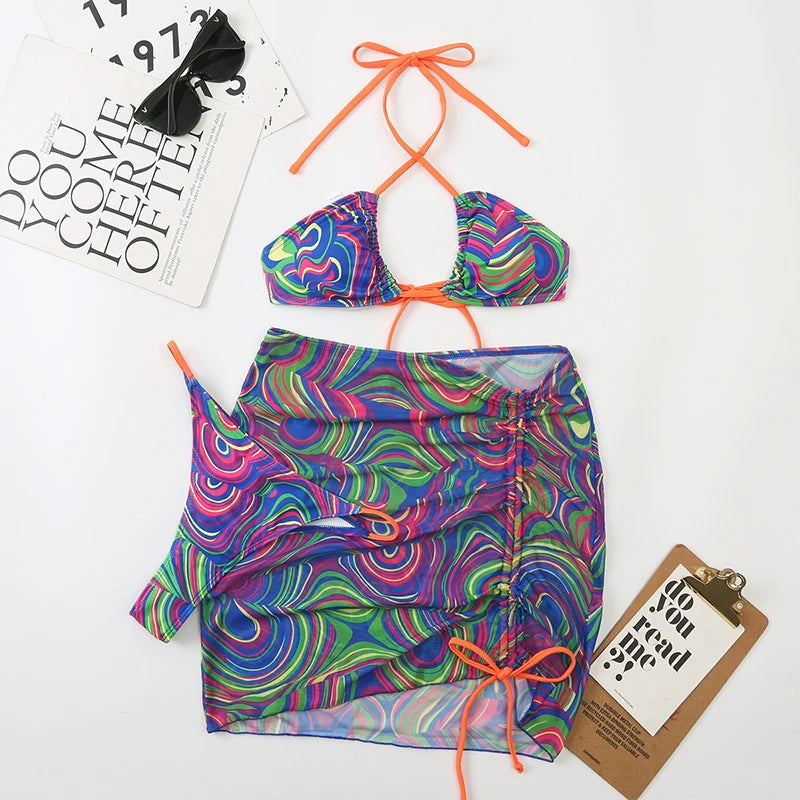 Voguable  3 Pieces Bikini Set With Skirt  Tie Dye String Thong Bathing Suit Women Swimsuit Female  Swimwear Beach Wear Swim Lady Summer voguable