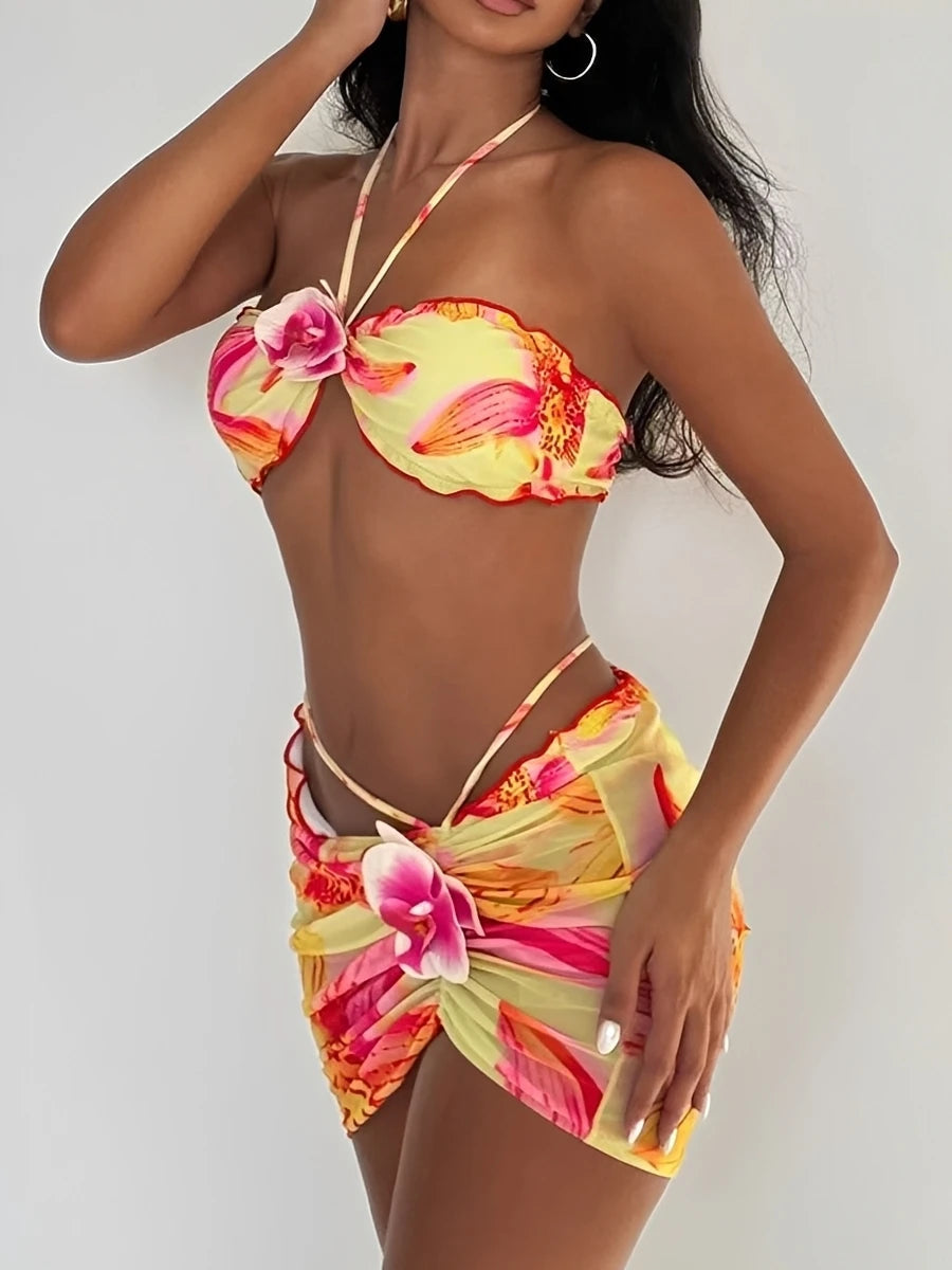 Voguable  3D Floral Halter Bandeau Bikinis Padded Swimsuit Women 3 Pieces Swimwear Female Bather Bathing Swimming Swim Suit Beachwear voguable