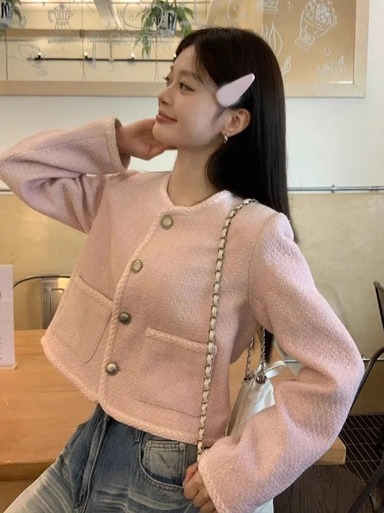 Pink Sweet Tweed Jackets Women Vintage O Neck Cute Elegant Long Sleeve Short Coats Retro Casual Single Breasted Pockets Outwear voguable