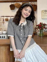 Sweet Vintage Women Plaid Blouse Casual Preppy Style Lace Patchwork Loose Shirt Cute Retro Female Short Sleeve Lace Up Tops voguable