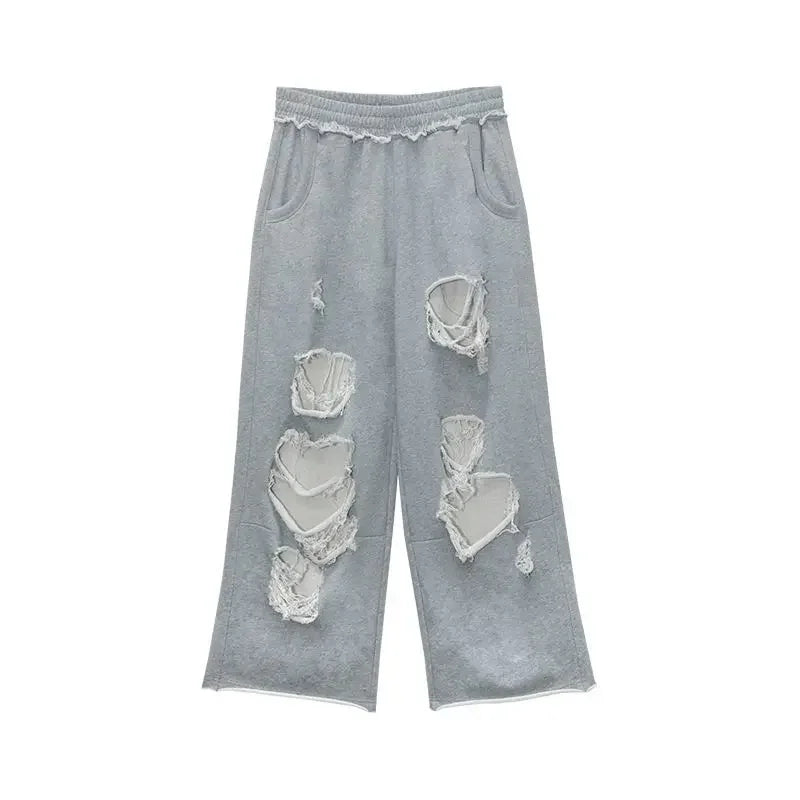 Vintage Gray Distressed Joggers Women Baggy Hip Hop Style Grunge Wide Leg Sweatpants Oversized Street Fashion Trousers voguable