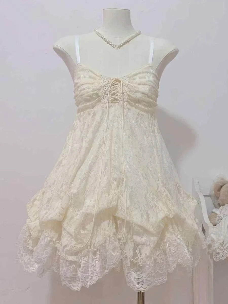 Voguable  Summer Japanese Sweet Kawaii Lolita Dress Women Vintage Lace Bow Ruffle Cake Dress Harajuku Y2k Slim Bandage Dress Fashion voguable