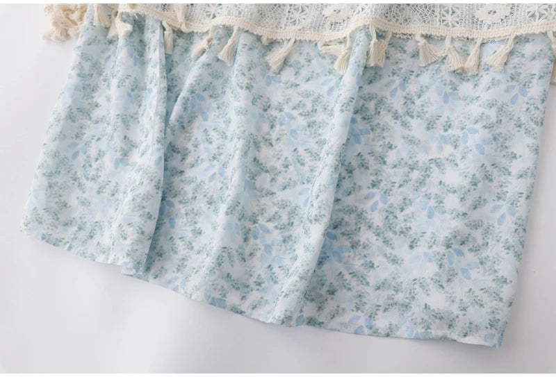 Voguable Women's New French Seaside Resort Style Tassel Lace Suspender Dresses Female Summer Fake Two-piece Mid-length Floral Fairy Dress voguable