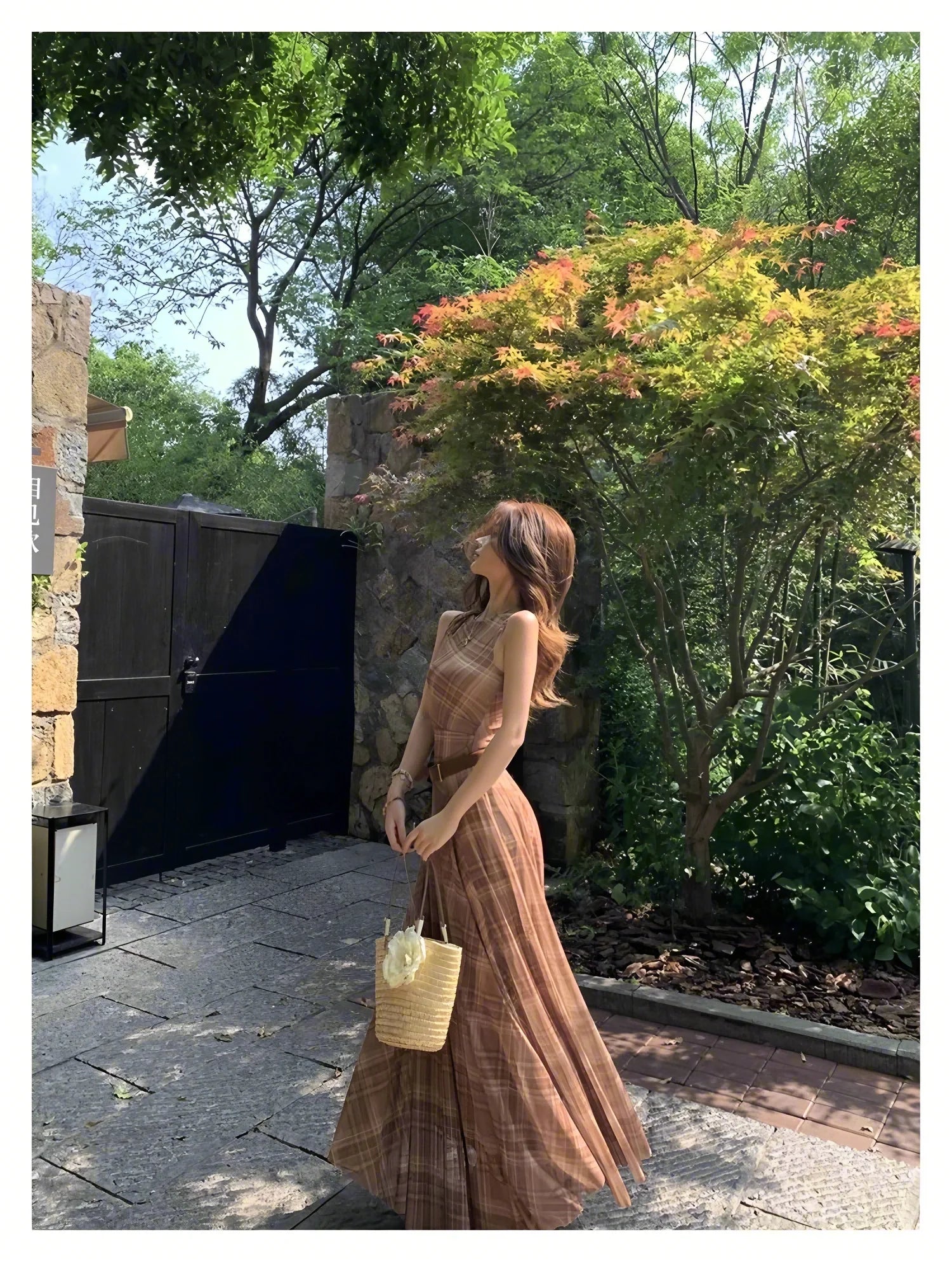 2025 Women's Dress, Summer Checkered Printed Sleeveless Long Dress, Round Neck, Large Swing, Elastic, Slimming A-Line Dress voguable