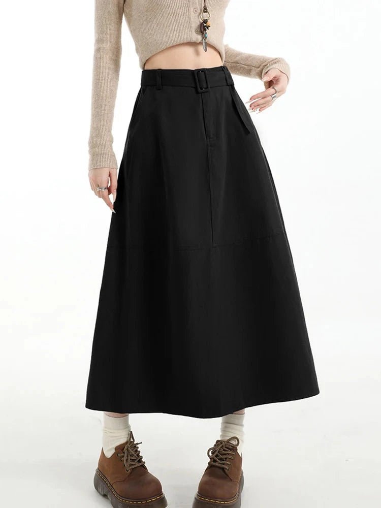 Retro Belt Long Skirt Women Casual Sweet High Waist A Line Skirts Preppy Style Fall Winter Lady Korean Vintage Long Skirts voguable