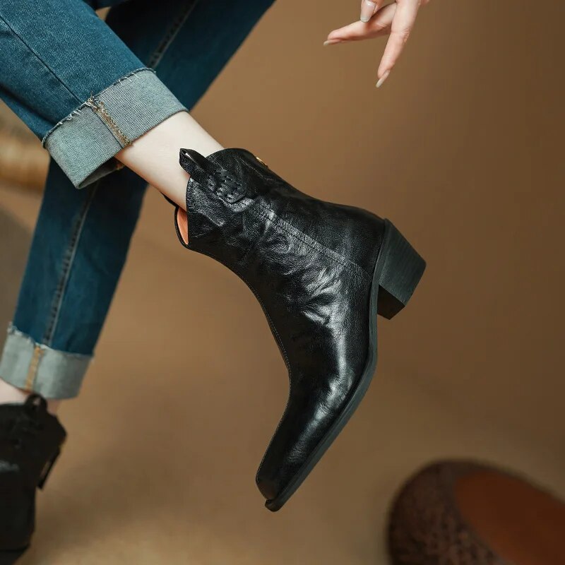 New Autumn Women Boots Square Toe Thick Heel Boots for Women Winter Genuine Leather Ankle Boots Chelsea Boots Cowboy Boots voguable