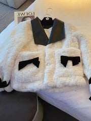 Women Sweet Bow Faux Lamb Coat Fashion Korean Long Sleeve Winter Warm Jacket Chic Slim Patchwork Elegant Pockets Outwear voguable
