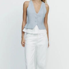 Women Patchwork Striped Temperament Vest Front Button V Neck Sleeveless Waistcoat Spring Summer Chic Tops voguable