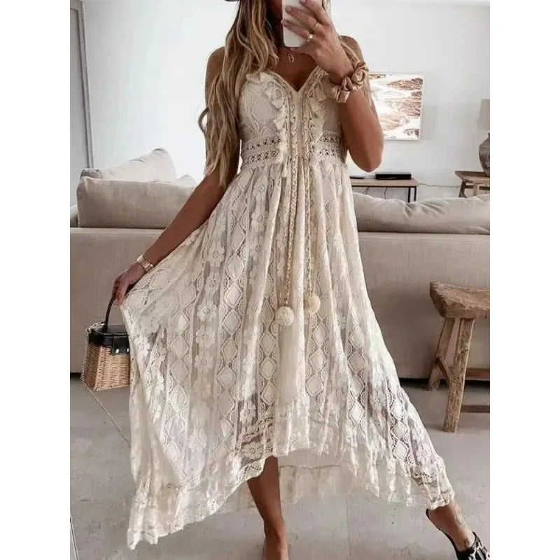 Voguable  Fashion Vacation Beach Solid Color V-neck Lace Irregular Long Lace Camisole Dresses Summer Casual Hollow Backless Women's Dress voguable