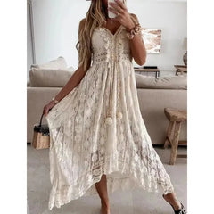 Voguable  Fashion Vacation Beach Solid Color V-neck Lace Irregular Long Lace Camisole Dresses Summer Casual Hollow Backless Women's Dress voguable