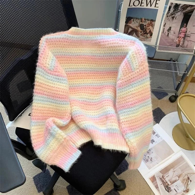 Women Chic Rainbow Sweater Loose Cute O Neck Long Sleeve Knitted Jumpers Fall Winter Lazy Wind Japan Fashion Sweet Pullover voguable