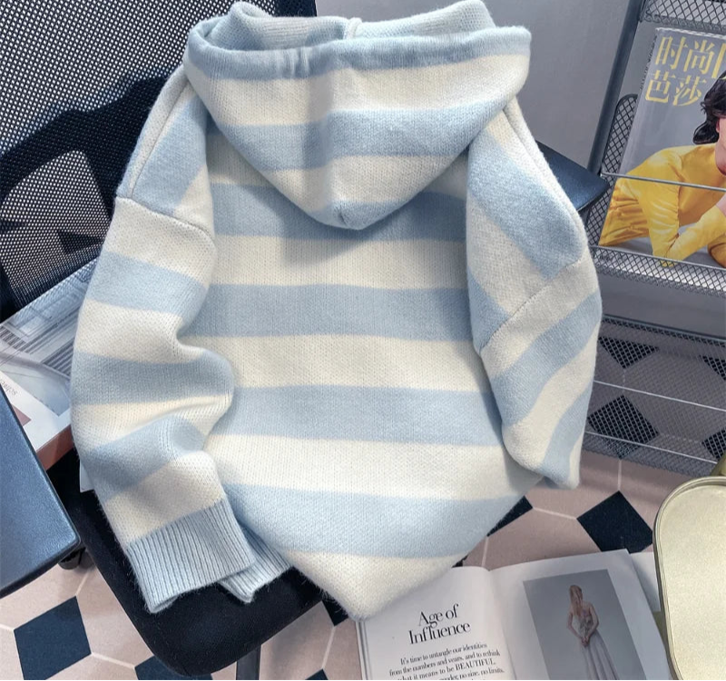 Spring Autumn Casual Cartoon Embroidery Striped Hooded Sweater Women Sweet Knitted Cardigan Coat Japanese Girls Loose Knitwear voguable