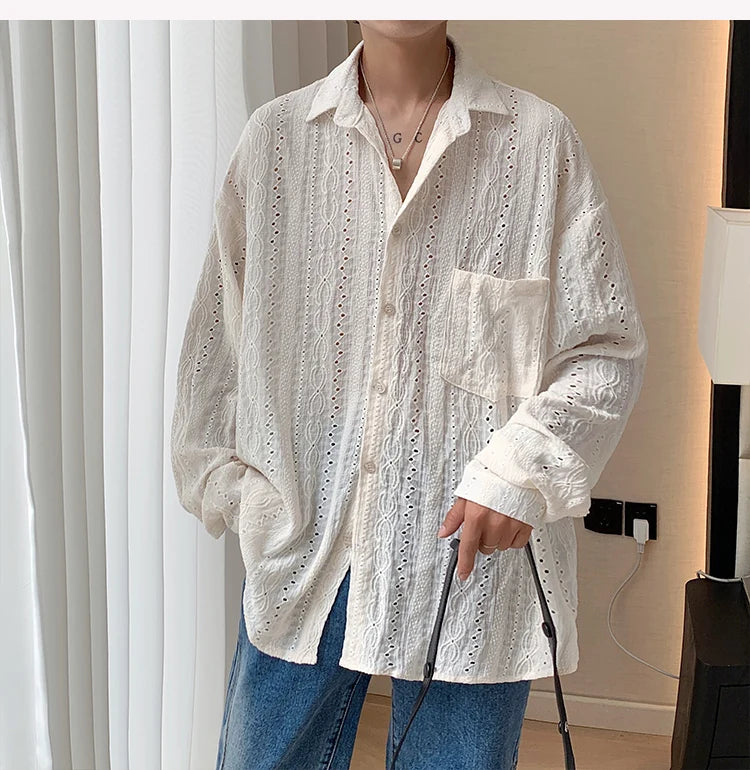 Voguable Shirts for men Apricot Handsome Lapel Men Blouse Vacation Hollow Out Sexy Fashion Men Clothing Male Mesh Long-sleeved Shirts voguable