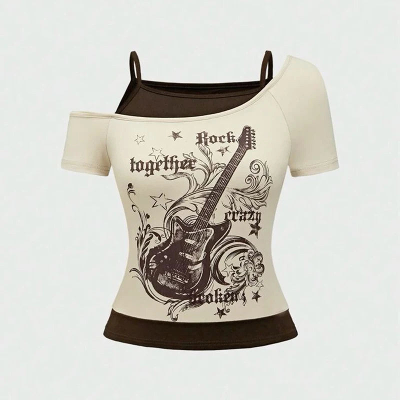 Y2k Slim Fit Print Tops Women Off Shoulder Short Sleeve Tee Shirt Neploe American Vintage Fake Two Piece Halter Lace Up T-shirts voguable