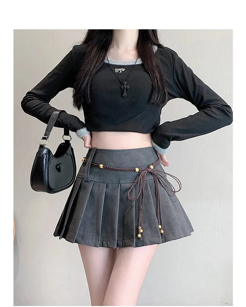 Pu Sexy Pleated Skirts Women High Waist Vintage Mini A Line Skirt Fall Winter Casual Preppy Style Female Sweet Retro Skirt voguable