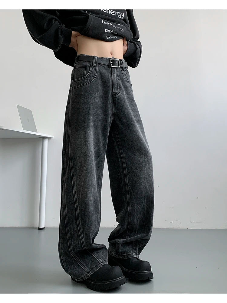 Winter Nostalgic Blue Jeans Men Chic Patchwork Loose Casual Denim Pants Wide Leg Male Straight Mopping Trouser Streetwear voguable