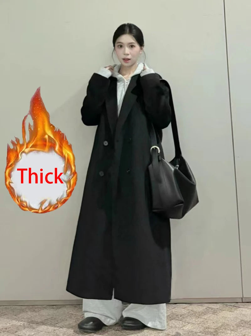 Black Faux Wool Jacket Women Winter Thick Warm Double Breasted Long Coat Y2K Female Korean Elegant Hepburn Style Blend Outerwear voguable