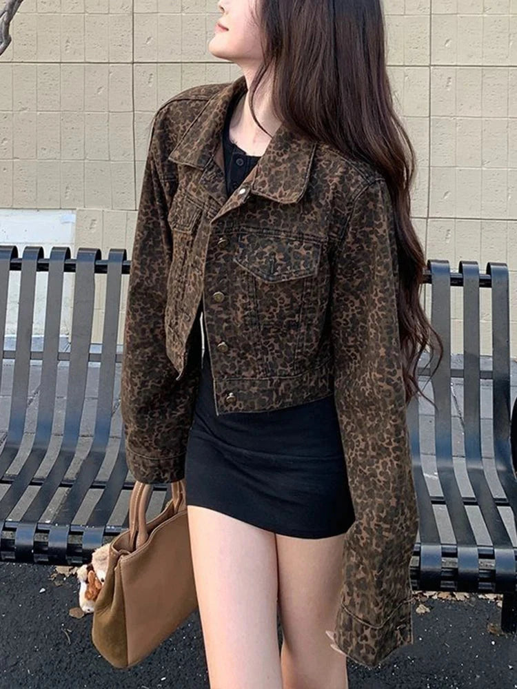 Y2K Cropped Leopard Denim Jacket Women Vintage Streetwear Long Sleeve Slim Short Coat American Harajuku Female Hip Hop Tops voguable