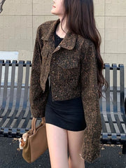 Y2K Cropped Leopard Denim Jacket Women Vintage Streetwear Long Sleeve Slim Short Coat American Harajuku Female Hip Hop Tops voguable