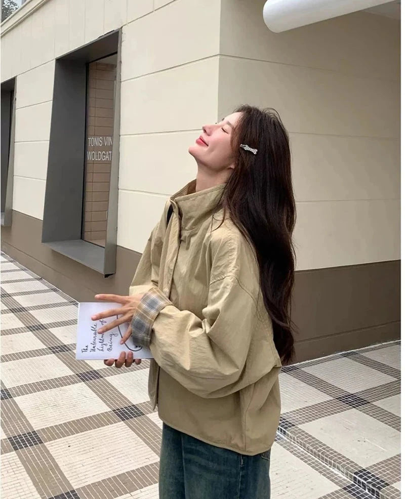 Vintage Plaid Cargo Jacket Women Retro Double Sided Wear Preppy Style Sweet Coat Korean Fall Winter Long Sleeve Pockets Top voguable