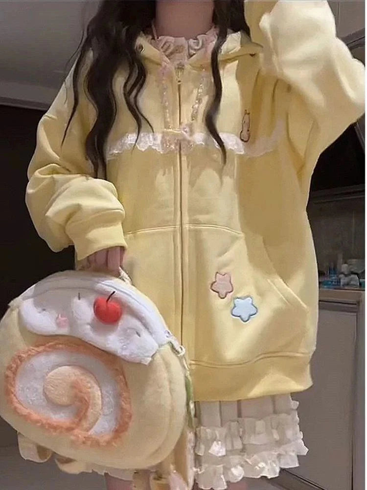 Women Cute Cartoon Hoodies Vintage Lace Patchwork Loose Sweet Sweatshirts Fall Preppy Style Japan Pockets Lady Kawaii Tops voguable