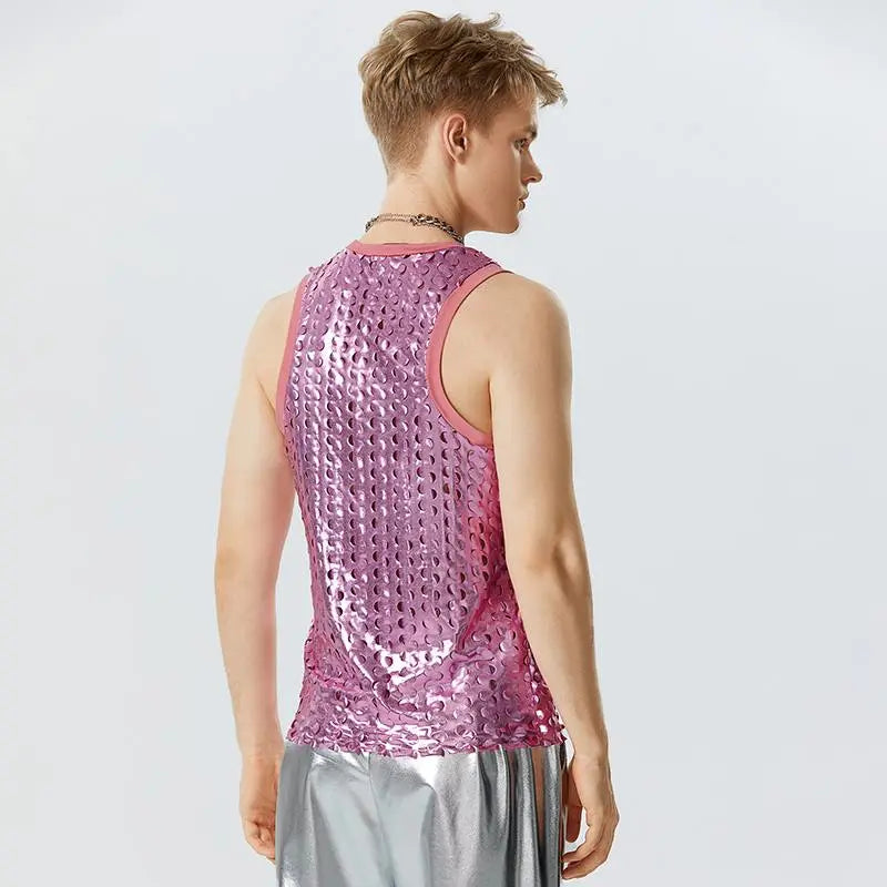 Men Tank Tops Sparkling O-neck Sleeveless Streetwear Hollow Out Vests Summer Sexy Fashion Party Men Clothing S-5XL voguable