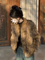 Elegant Vintage Faux Fur Coat Women Slim Long Sleeve Winter Faux Fox Jacket Korean Casual Open Stitch Retro Soft Warm Outwear voguable