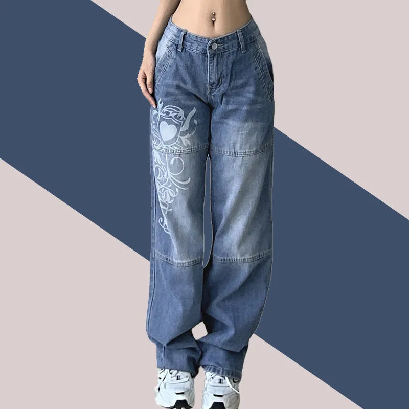 Harajuku printed Cargo Jeans Y2K Dark Blue brown High Waist Streetwear 90S Baggy Jeans Women Pants Straight wide leg jeans voguable