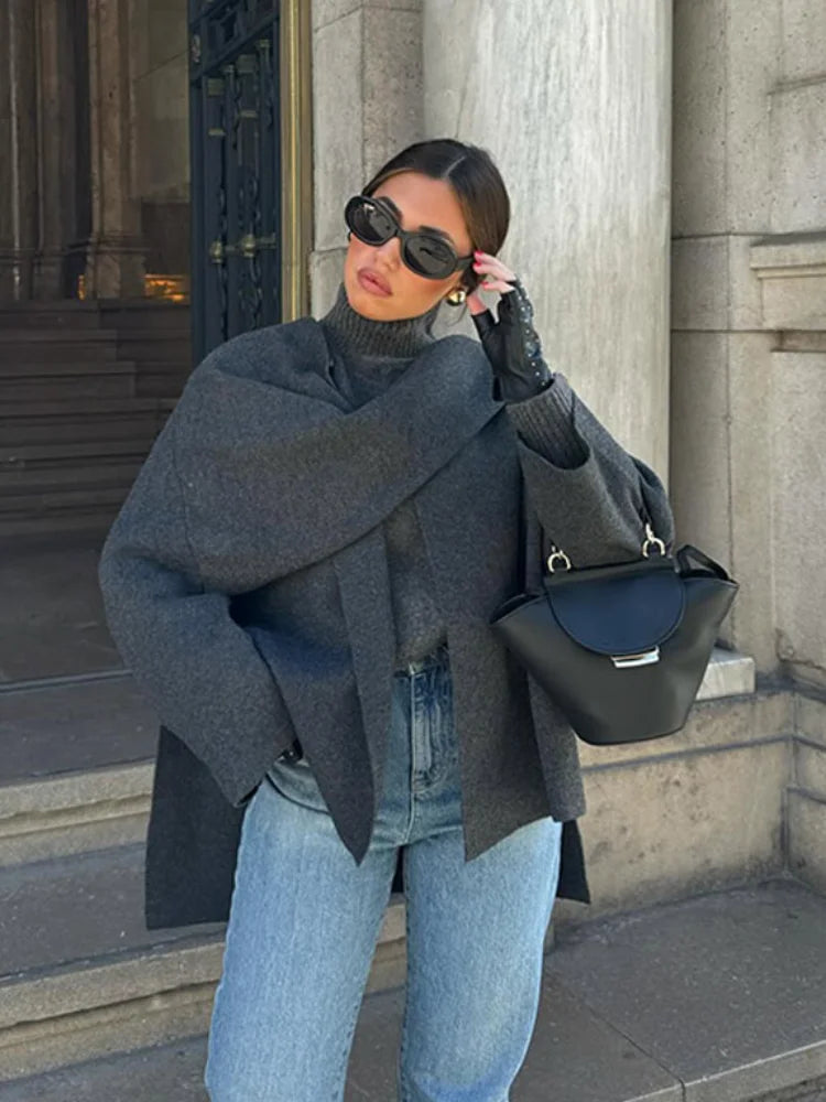2024 New Fashion Scarf Collar Woolen Jackets For Women Elegant Long Sleeved Side Split Casual Coats Female Chic Autumn Overcoats voguable