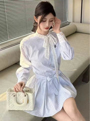 Korean Bow Striped Shirt Dress Women Casual Long Sleeve Elegant Sweet Mini Dress Vintage Patchwork Dot Female Design Dress voguable