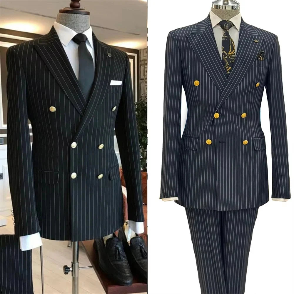 Voguable  2 Piece Black Striped Men's Suit Set Golden double breasted Lapel Jacket Elastic Pants Wedding Part Prom Dinner Wrok Travel voguable