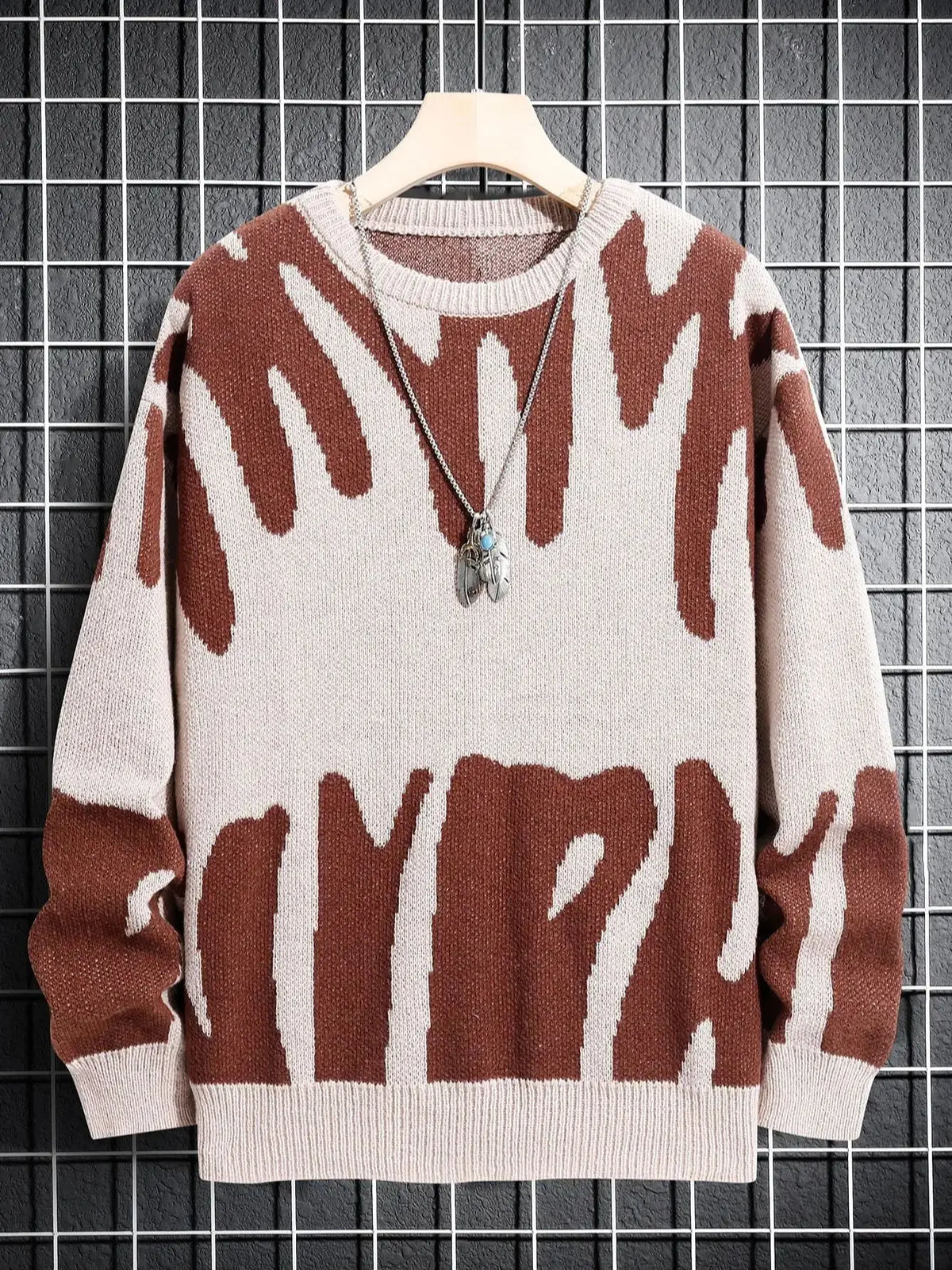 New Popular Autumn Winter Irregular Jacquard Pattern Pullover Sweater Casual Round Neck Contrast Color Knitted Men's Pullover voguable